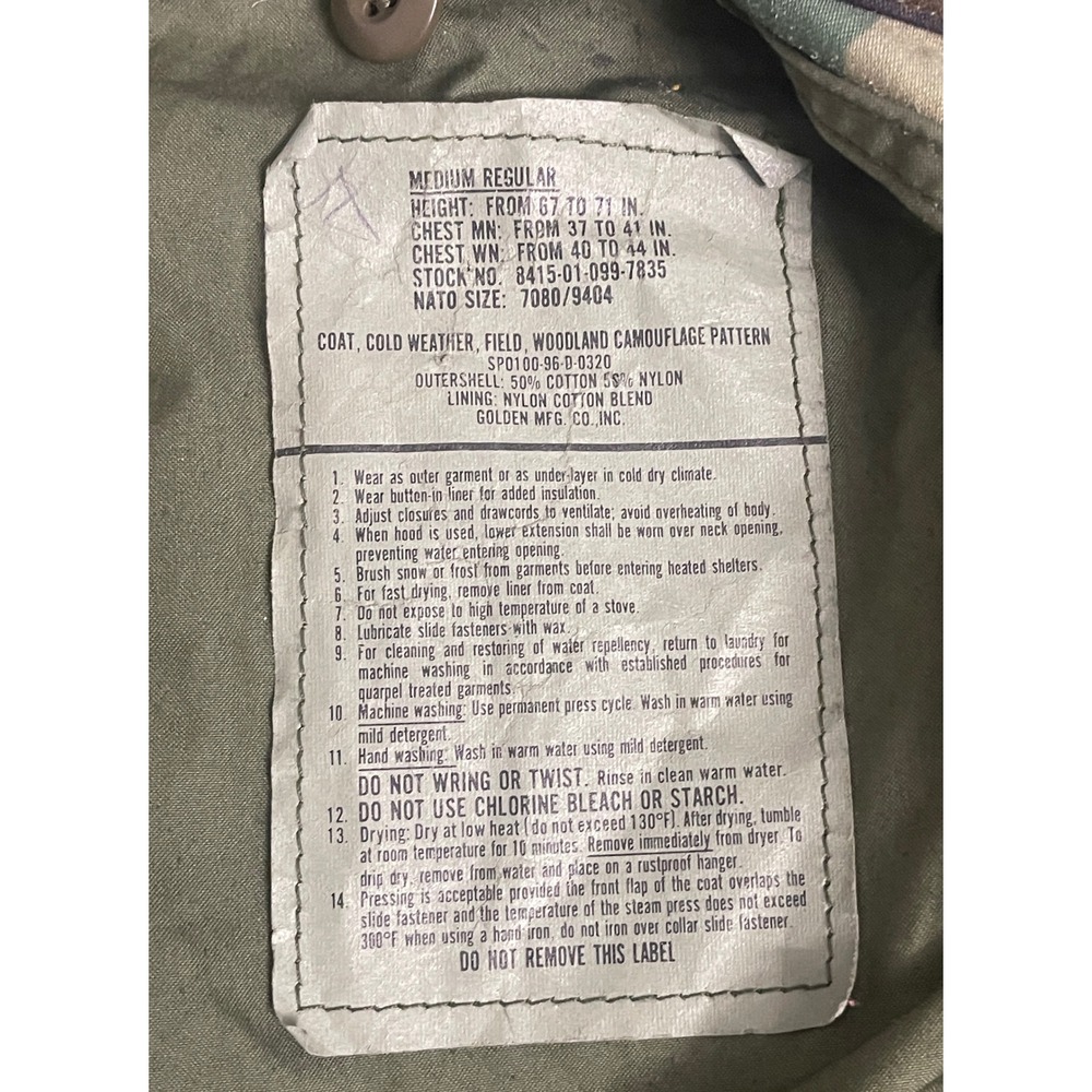 US Military M-65 Field Coat Woodland Camo Jacket Medium Regular Golden Mfg 1996 - Picture 10 of 11